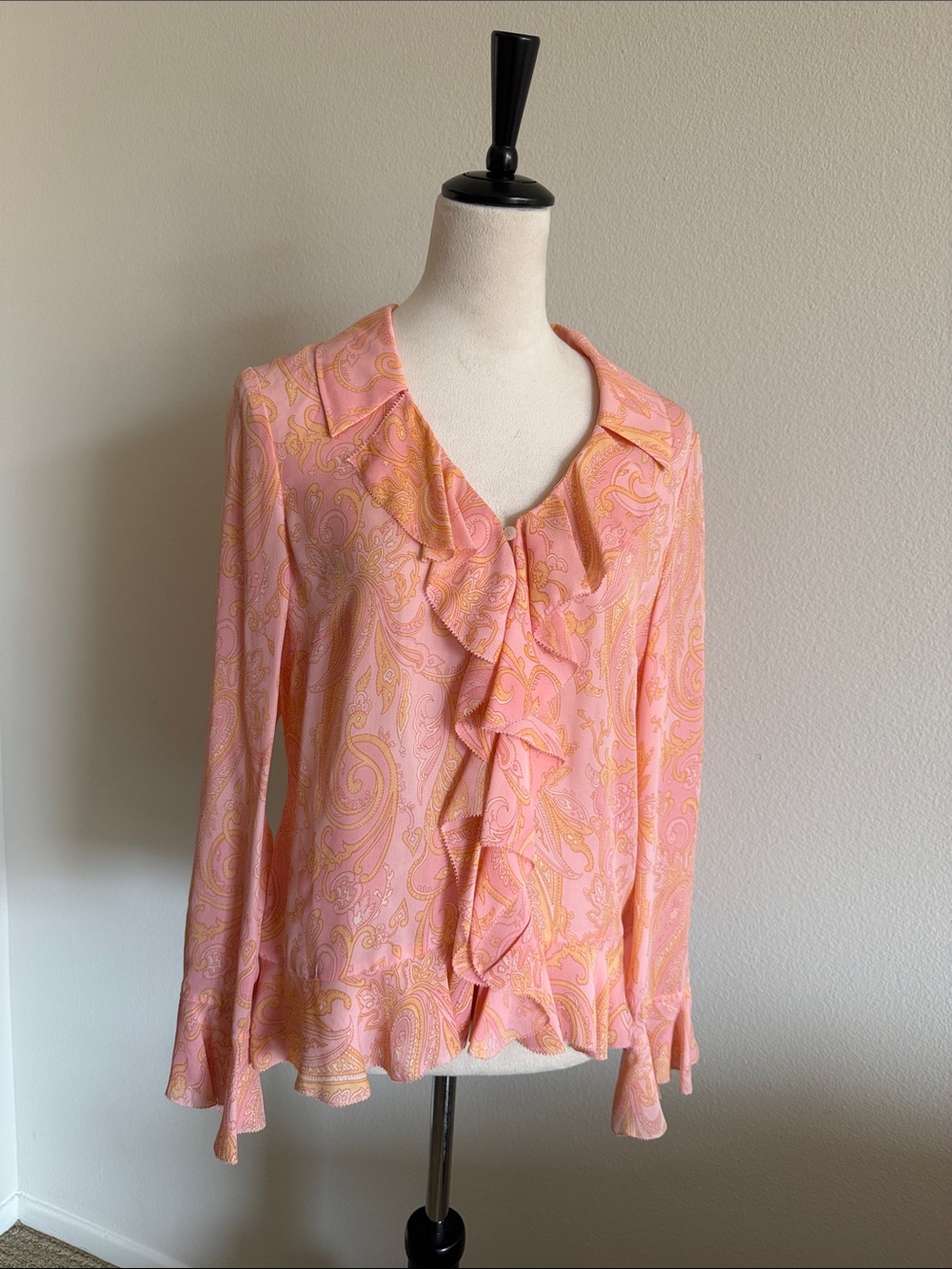 Liz Claiborne Pink & Yellow Silk Paisley Ruffle Blouse